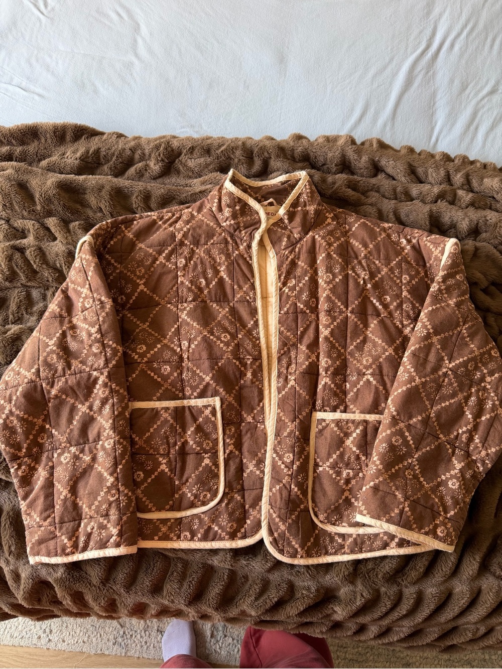 Free People Brown Floral Quilted Jacket with Cream Trim